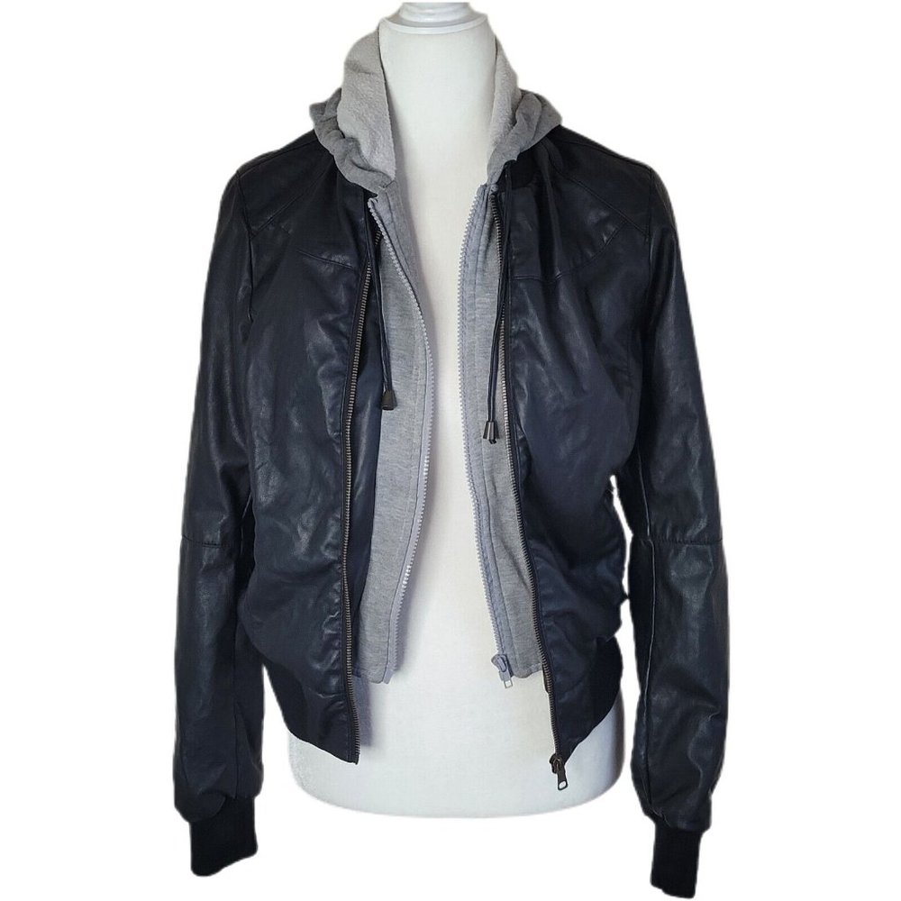 Miss Posh Faux Leather & Terry Black Gray Full Zip Hooded Jacket Size Medium